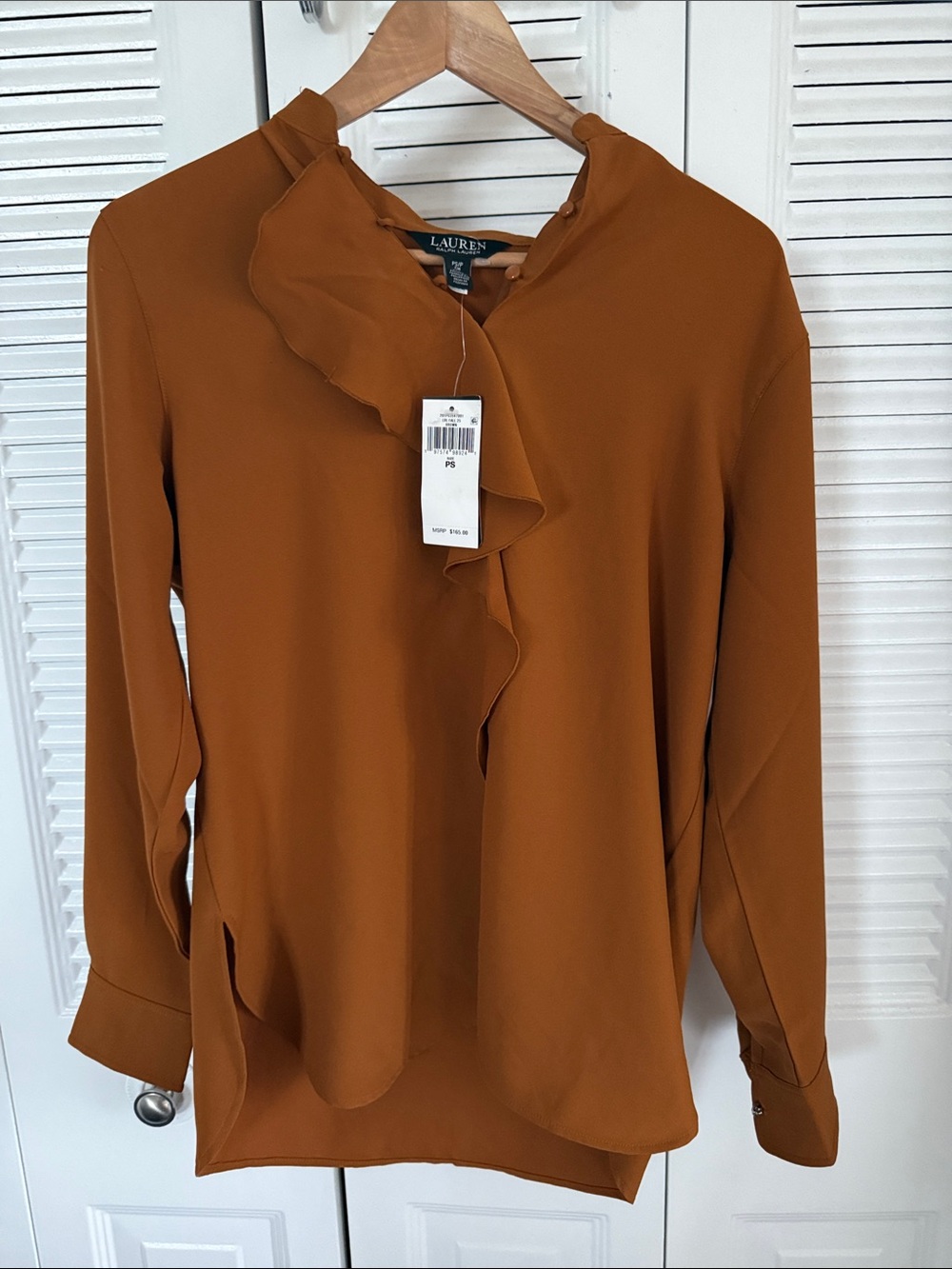 Lauren Ralph Lauren Rust Ruffle-Front Long Sleeve Blouse